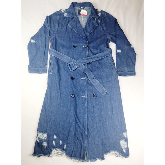 Now N Forever Jackets & Blazers - Now N Forever Denim Jean Duster Long Jacket Coat M/L Distress Pockets Belted New